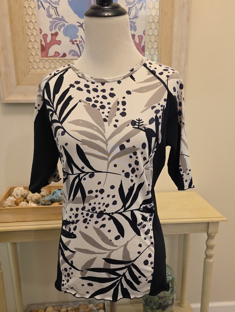 Coolibar Black and Cream Botanical Print Long Sleeve Top